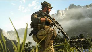 Captain Price kneeling in a grass field holding a sniper rifle