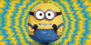 Minions: Rise of Gru a Minion in front of a tye-dye background, with braces