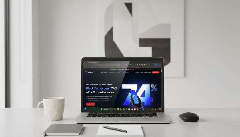 NordVPN website during Black Friday 2025 running on a laptop on a desk