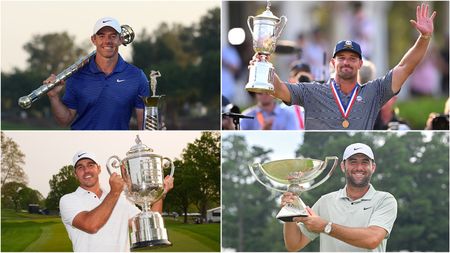 (top left) Rory McIlroy with DP World Tour Championship and Race To Dubai trophies, (top right) Bryson DeChambeau with the US Open trophy, (bottom left) Brooks Koepka with the PGA Championship trophy, (bottom right) Scottie Scheffler with the FedEx Cup trophy