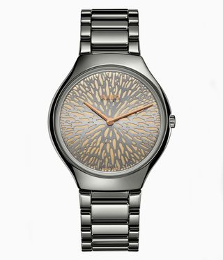 Grey Rado True Thinline ceramic watch with plant-inspired dial