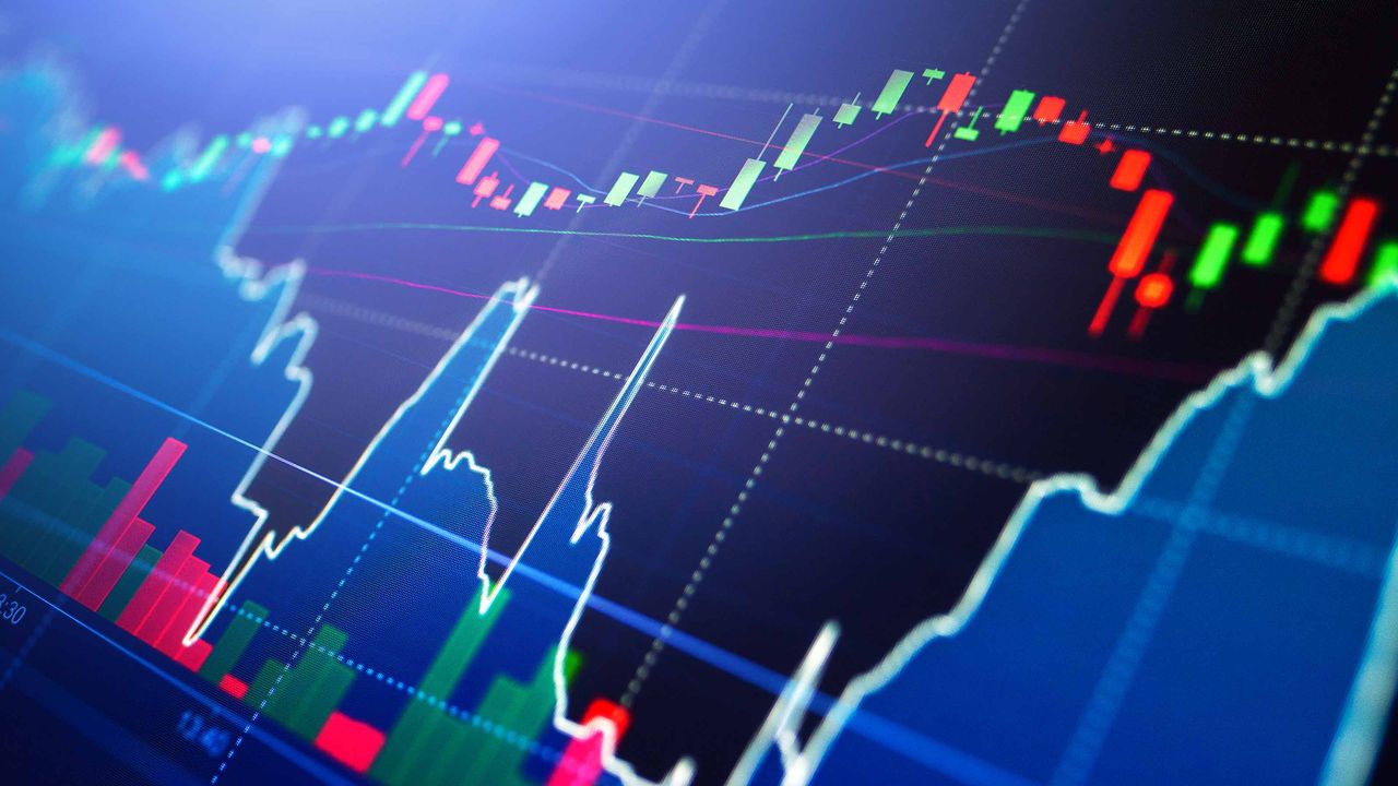 blue stock market chart with red and green bars