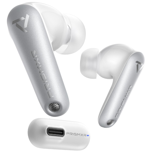 Render of the PrismXR Vega T1 earbuds and USB-C attachment dongle for the Meta Quest 3 and 3S.