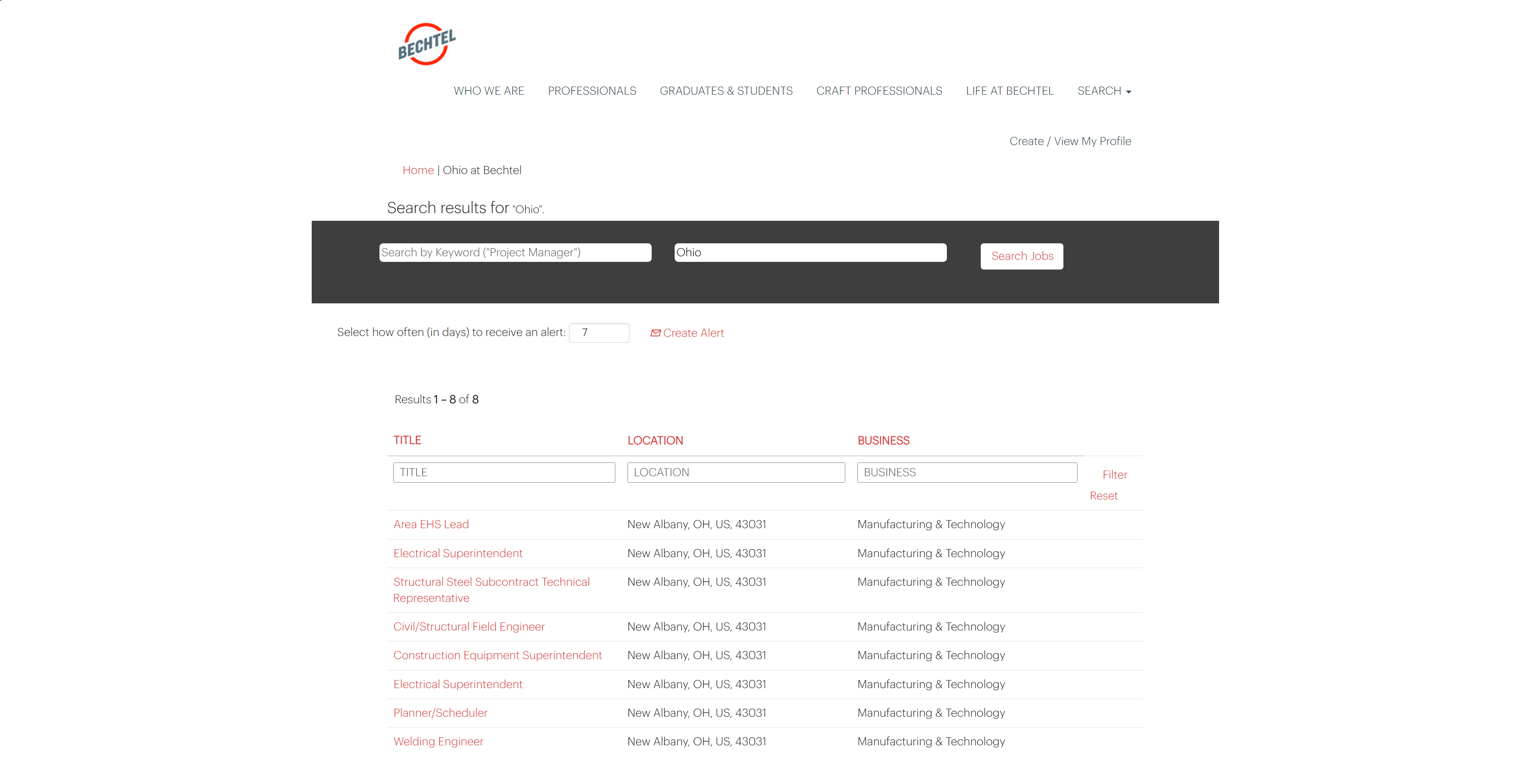 Bechtel's website showing job listings for Intel Ohio One project