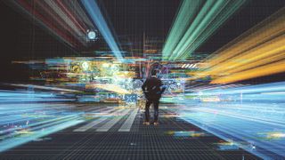 Abstract technology image with man using VR environment.