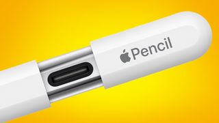 The Apple Pencil USB-C on an orange background