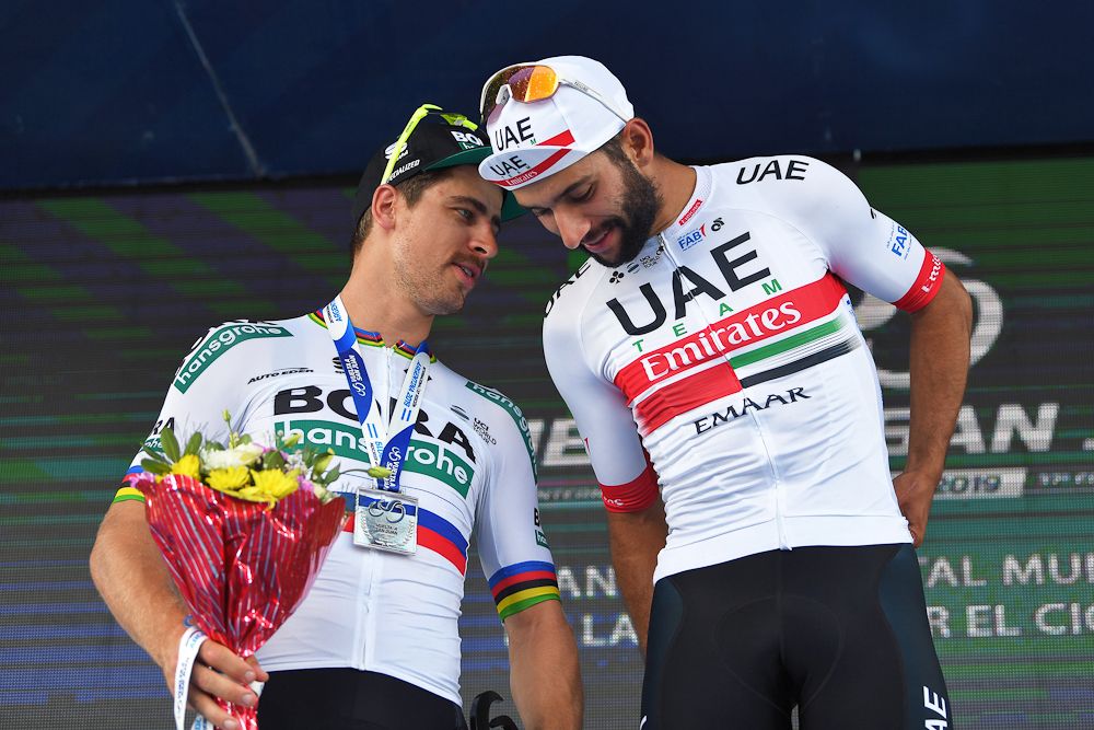 Fernando Gaviria and Peter Sagan on the stage 4 podium in San Juan