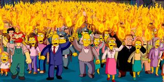 The Simpsons mob with fire