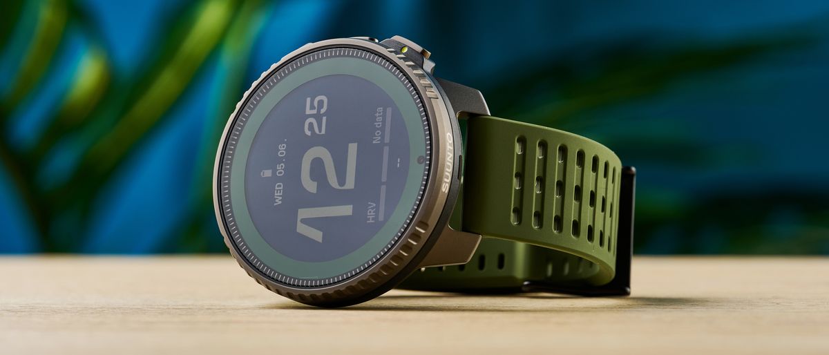 an outdoor-style smartwatch with a big screen and titanium bezel case with a forest green strap