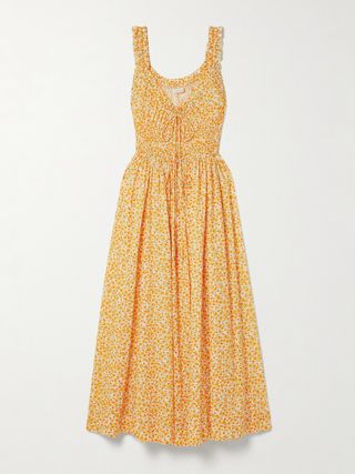 Emmaretta Tie-Detailed Shirred Floral-Print Organic Cotton-Voile Midi Dress