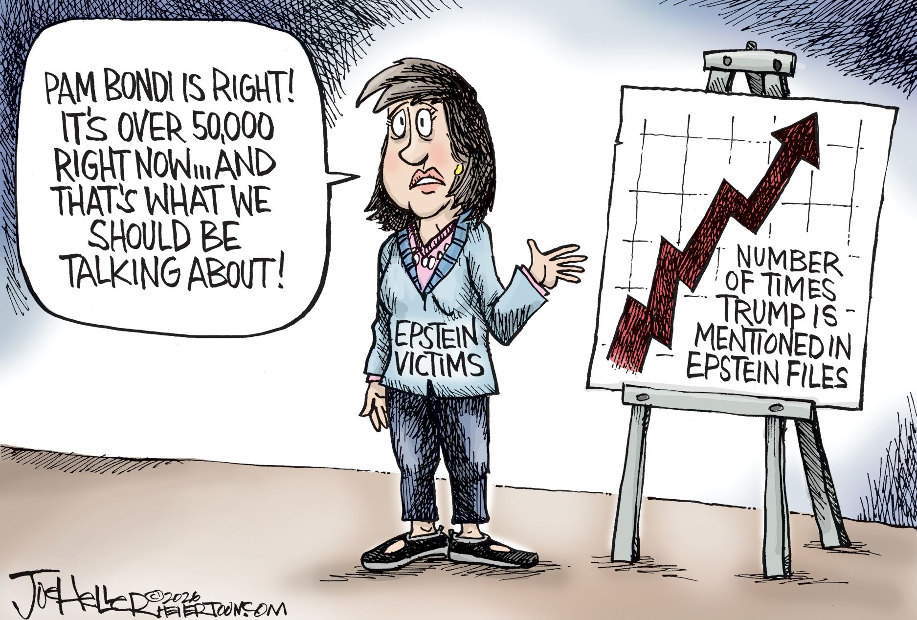 
                                A female victim of Jeffrey Epstein stands next to a financial-style chart on an easel. The chart shows a line pointing straight up and the words “Number of times Trump is mentioned in the Epstein files.” She says, “Pam Bondi is right! It’s over 50,000 right now…and that’s what we should be talking about!”
                            