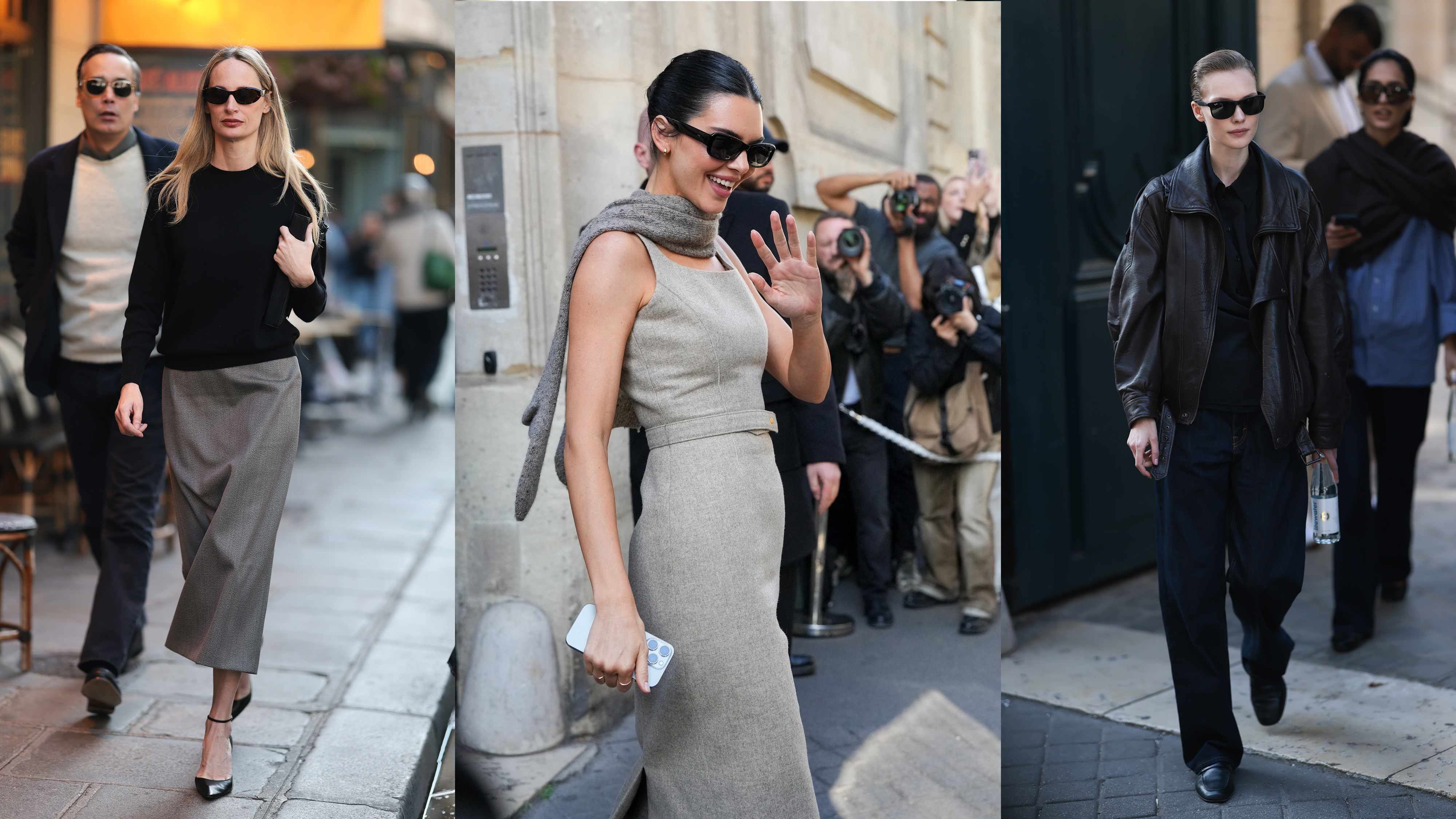 A collage of women including Lauren Santo Domingo and Kendall Jenner outfit of The Row show in Paris.
