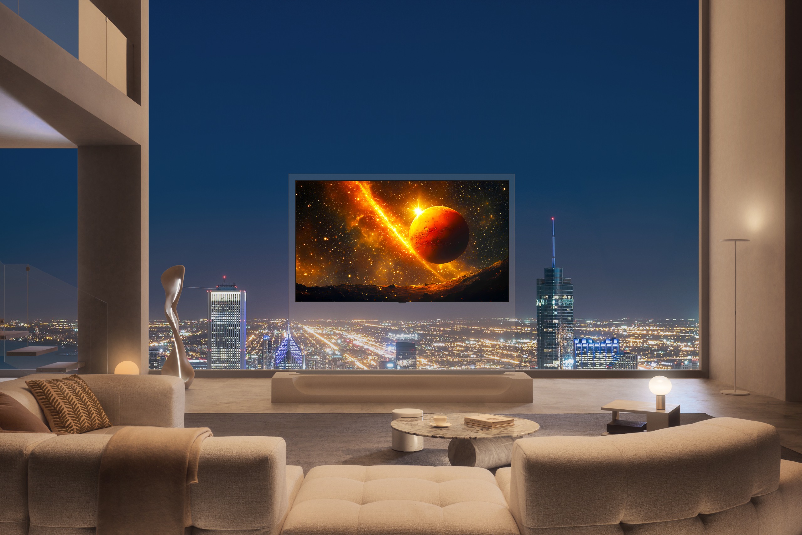 a LG wallpaper TV in a modern, minimalist interior scheme