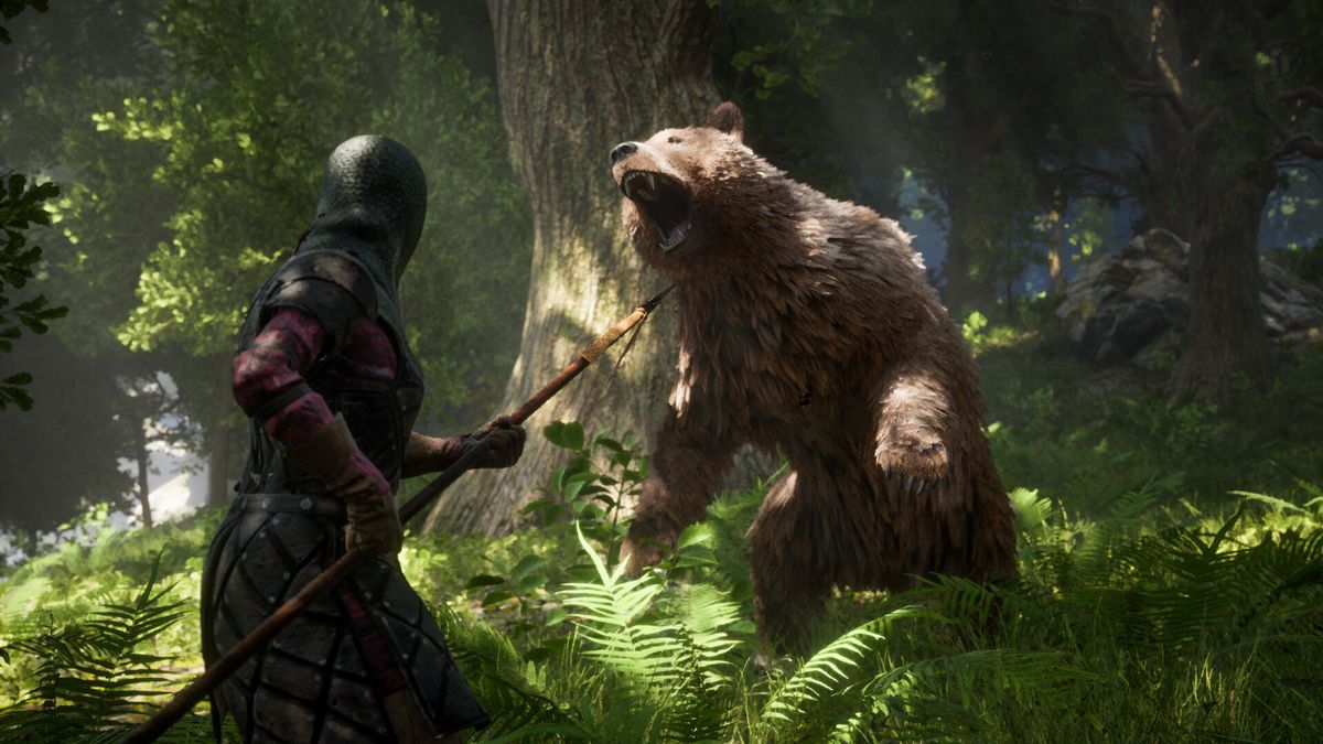 A bear attacking a warrior in Pax Dei.