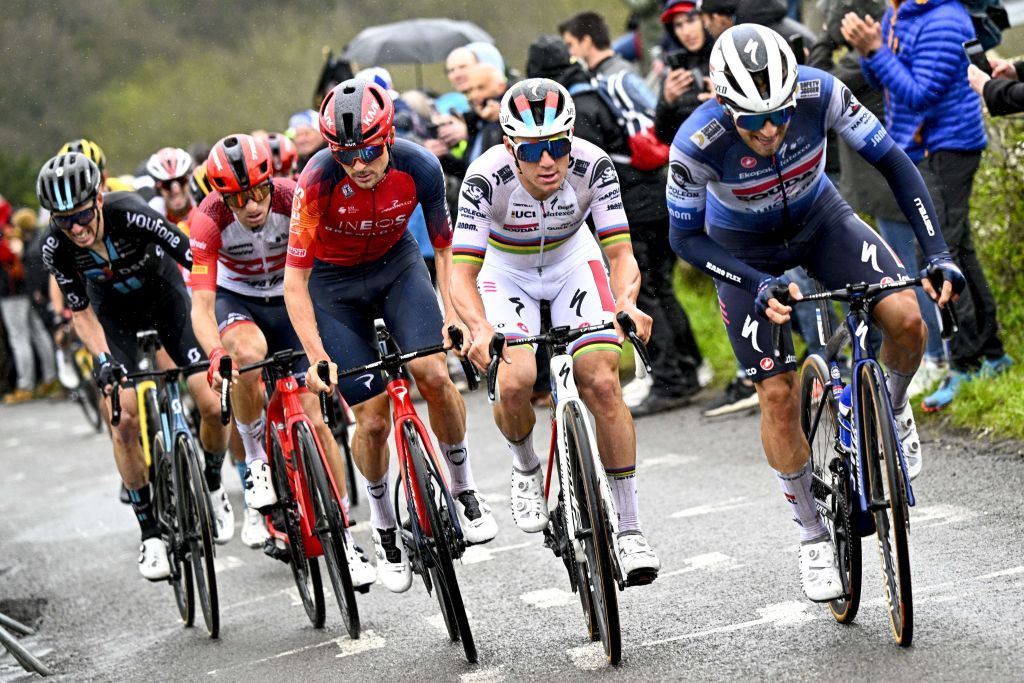 British Tom Pidcock of Ineos Grenadiers Belgian Remco Evenepoel of Soudal QuickStep and Belgian Ilan Van Wilder of Soudal QuickStep pictured in action during the men elite race of the LiegeBastogneLiege one day cycling event 2585km from Liege over Bastogne to Liege Sunday 23 April 2023 BELGA PHOTO JASPER JACOBS Photo by JASPER JACOBS BELGA MAG Belga via AFP Photo by JASPER JACOBSBELGA MAGAFP via Getty Images
