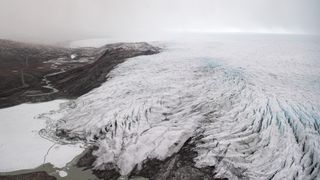 Ice receding from a glacier near Kangerlussuaq, Greenland. This photo was taken during a helicopter tour of the region with US Secretary of State Antony Blinken in May 2021.