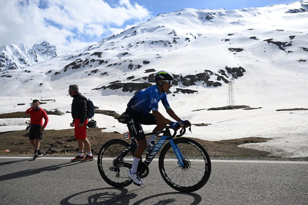 LIVIGNO MOTTOLINO ITALY MAY 19 Nairo Quintana of Colombia and Movistar Team competes in the breakaway climbing the Mottolino 2387m uring the 107th Giro dItalia 2024 Stage 15 a 222km stage from Manerba del Garda to Livigno Mottolino 2387m UCIWT on May 19 2024 in Livigno Mottolino Italy Photo by Dario BelingheriGetty Images