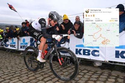 Tadej Pogacar riding on a cobbled climb with his Strava file added in a box
