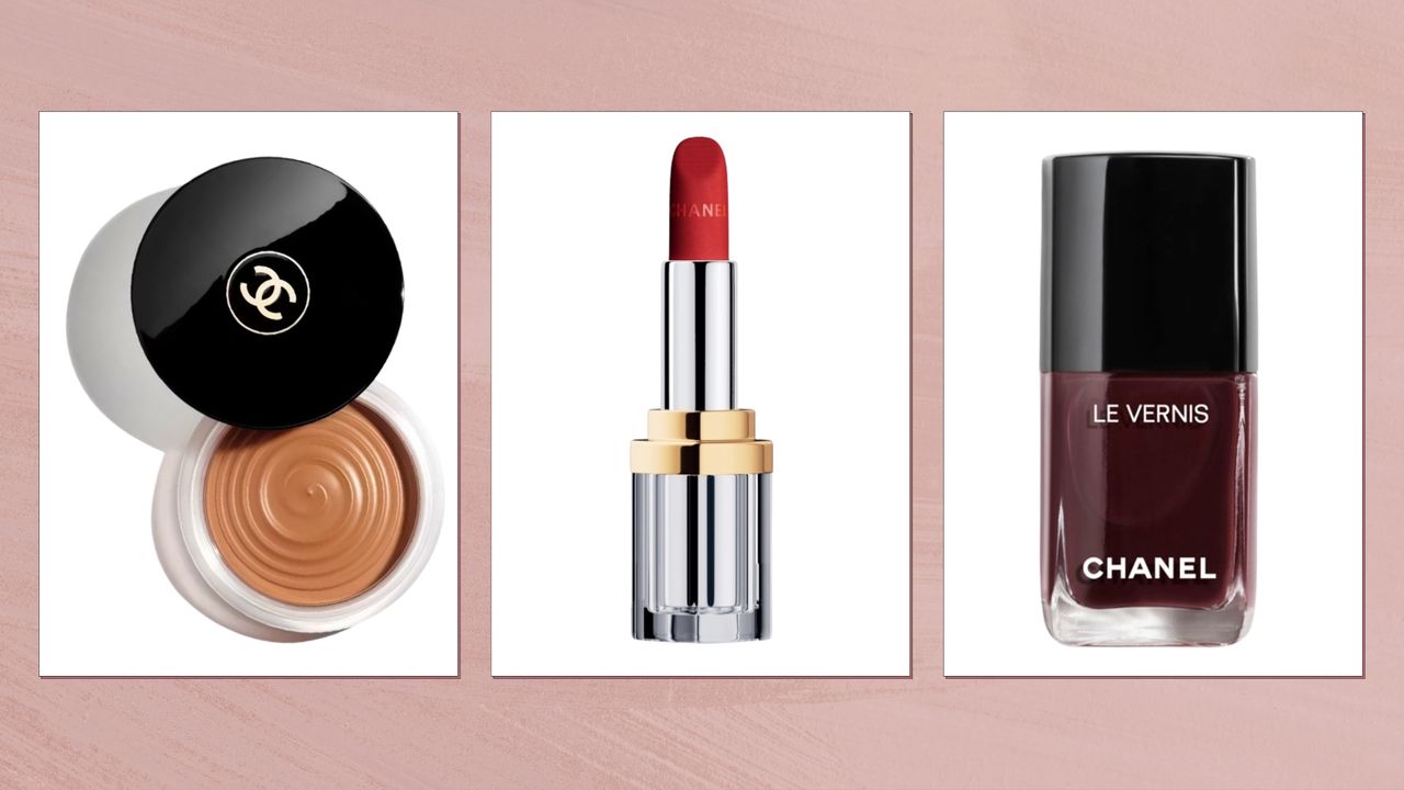 A selection of Chanel Makeup products and beauty buys, including the Healthy Glow Bronzing Cream, the 31 Le Rouge lipstick and Rouge Noir nail polish/ in a pink template