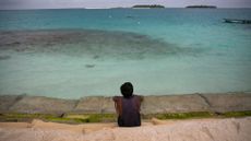 Sandbags on a beach in the Maldives protect against rising sea levels.