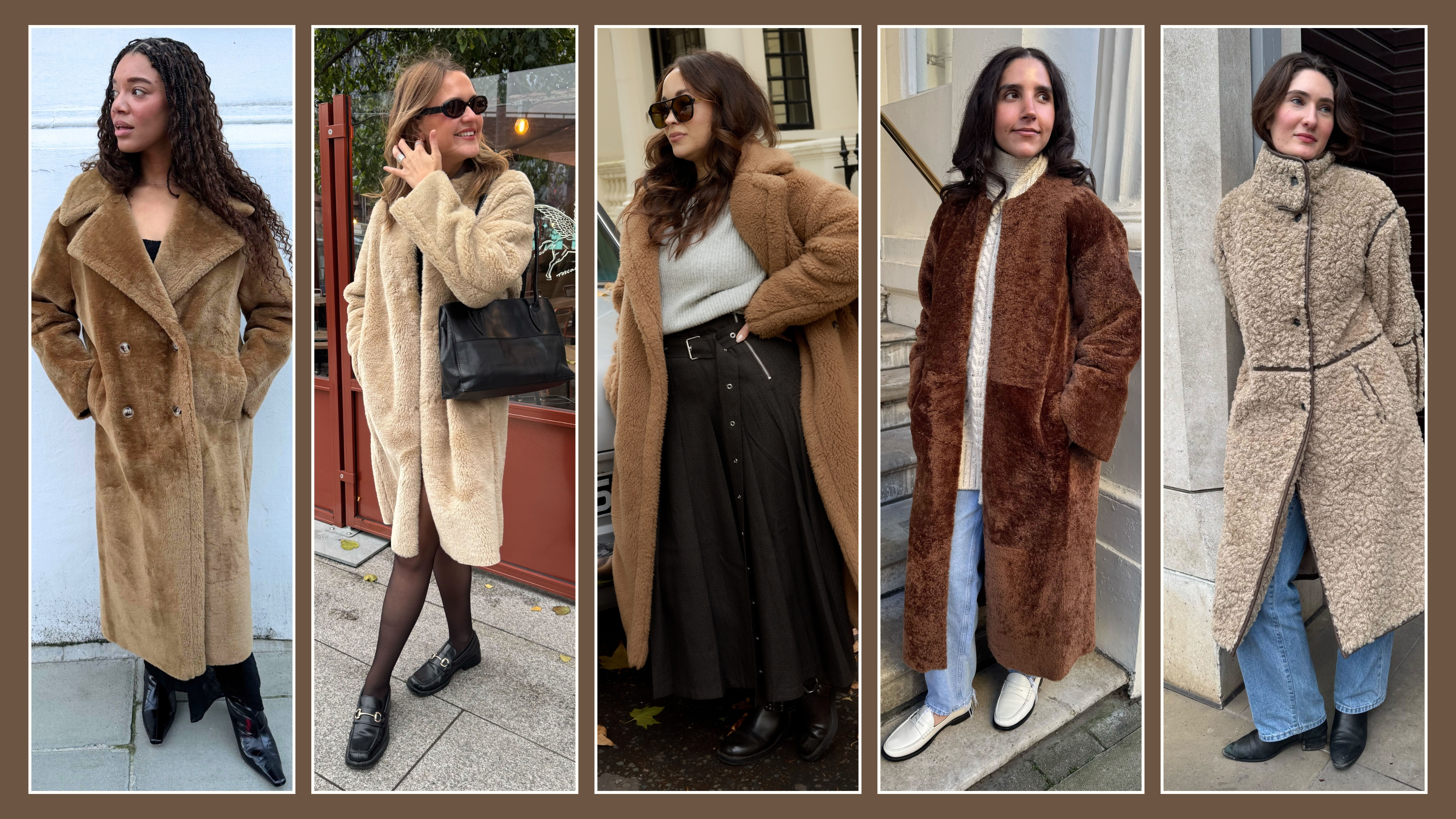 A collage of five editors at Who What Wear UK modelling teddy coats.
