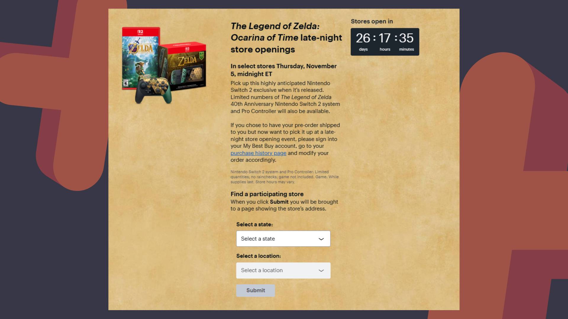 Image of a Best Buy Ocarina of Time marketing graphic on top of a GamesRadar+ background.