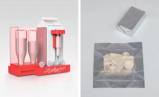 Left: a Pink & White coloured 3D milk-printing machine photographed against a grey background. Right: Small cream coloured geometrically shaped pieces placed on a silver paper photographed against a grey background