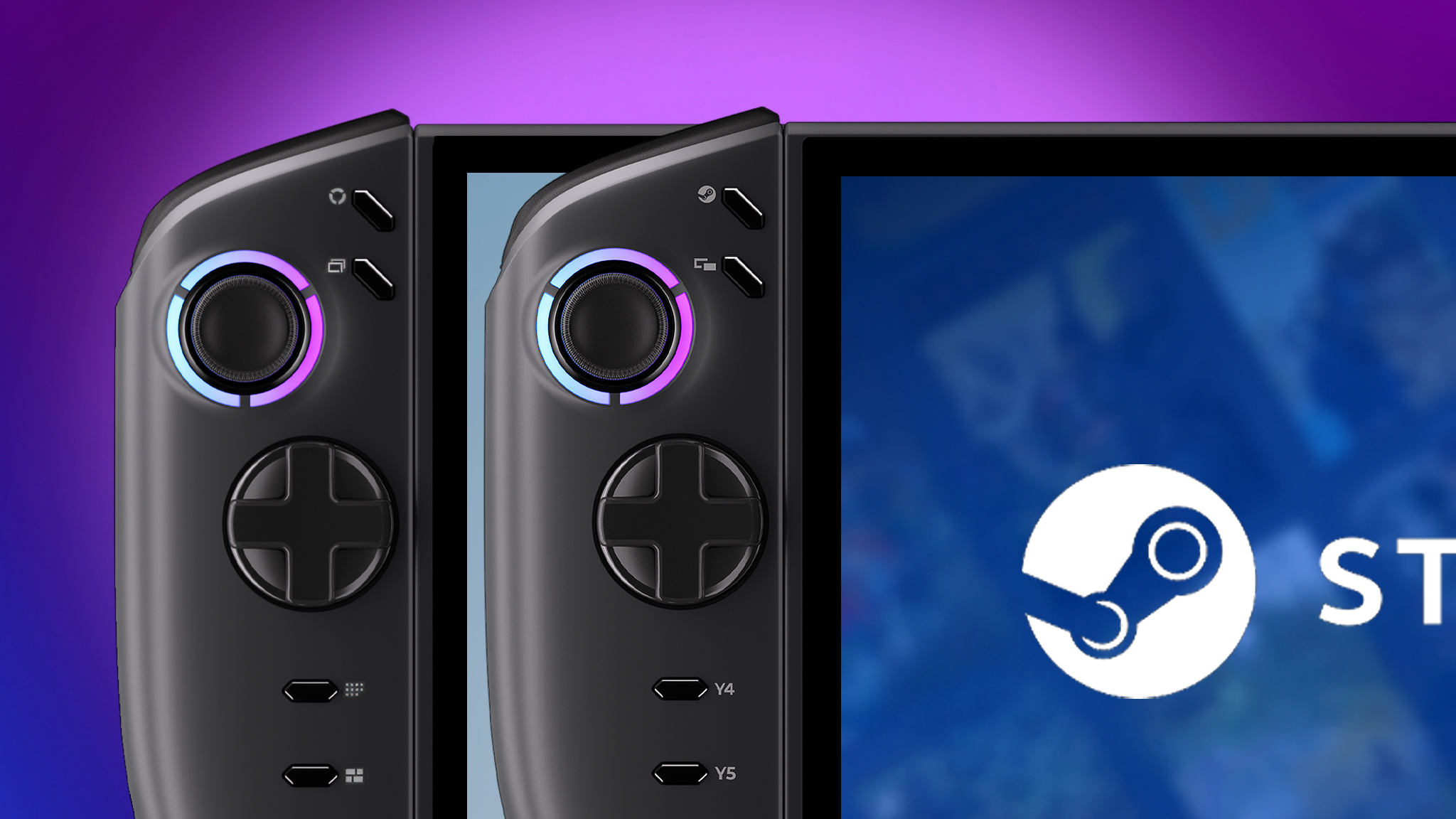 A closeup of the Legion Go 2 (SteamOS) and Legion Go 2 (Windows) buttons and joystick on the left side.