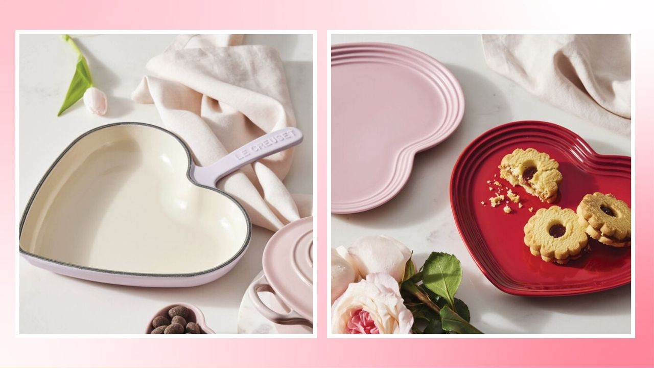 Le Creuset Valentine&#039;s Day decor including a purple heart-shaped pan and red and pink heart dishes