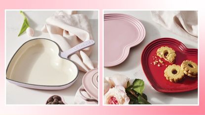 Le Creuset Valentine's Day decor including a purple heart-shaped pan and red and pink heart dishes