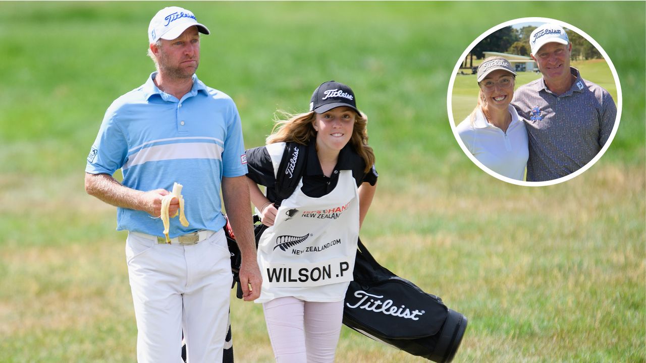 Chloe Wilson carries her dad&#039;s golf bag during a golf tournament 