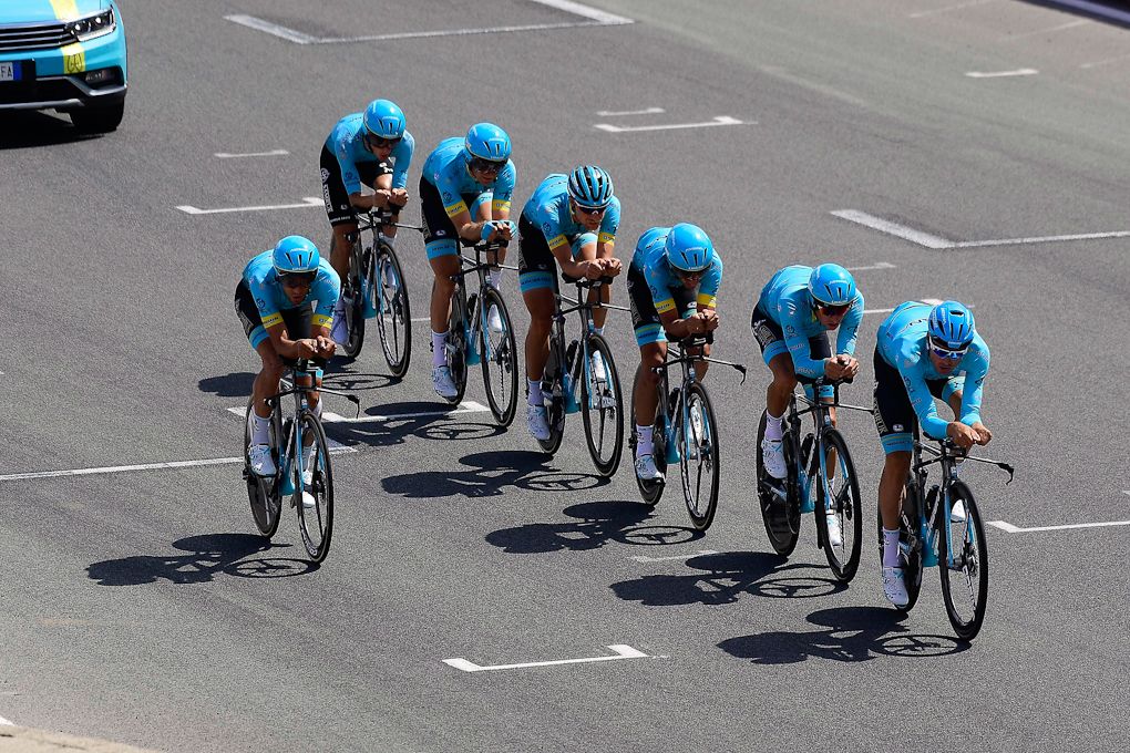 Astana riders in formation during team time trial practice in Zolder