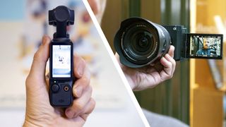 Photo diptych: DJI Osmo Pocket 3 vlogging camera in the hand, and Sony ZV-E1 camera shooting a vlog