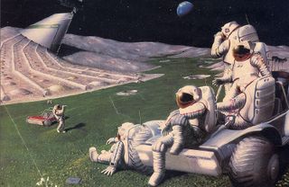 Future space travelers may bring familiar elements of Earth life with them, as envisioned in this illustration of astronauts golfing on the moon.