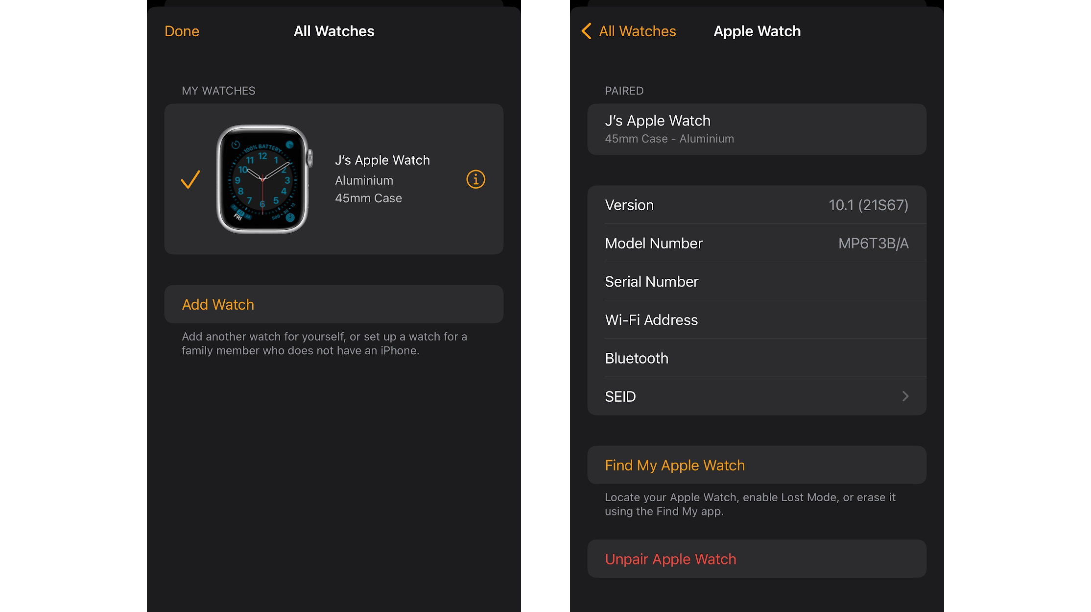 Screenshots showing how to unpair an Apple Watch