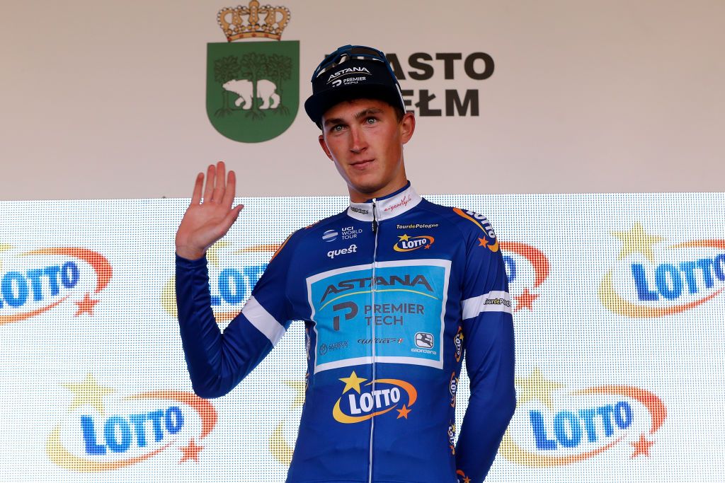 CHELM POLAND AUGUST 09 Yevgeniy Fedorov of Kazakhstan and Team Astana Premier Tech Blue Most active Rider Jersey celebrates at podium winner during the 78th Tour de Pologne 2021 Stage 1 a 216km stage from Lublin to Chem 212m TourdePologne TDP2021 UCIWT on August 09 2021 in Chelm Poland Photo by Bas CzerwinskiGetty Images