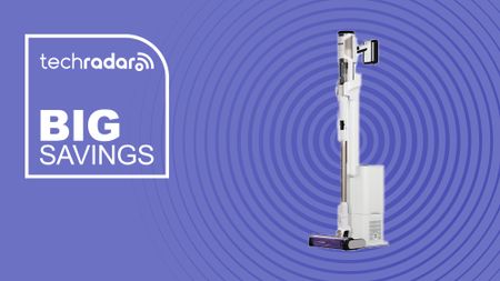 Shark Detect Clean & Empty Cordless Vacuum on purple background with TechRadar big savings sign