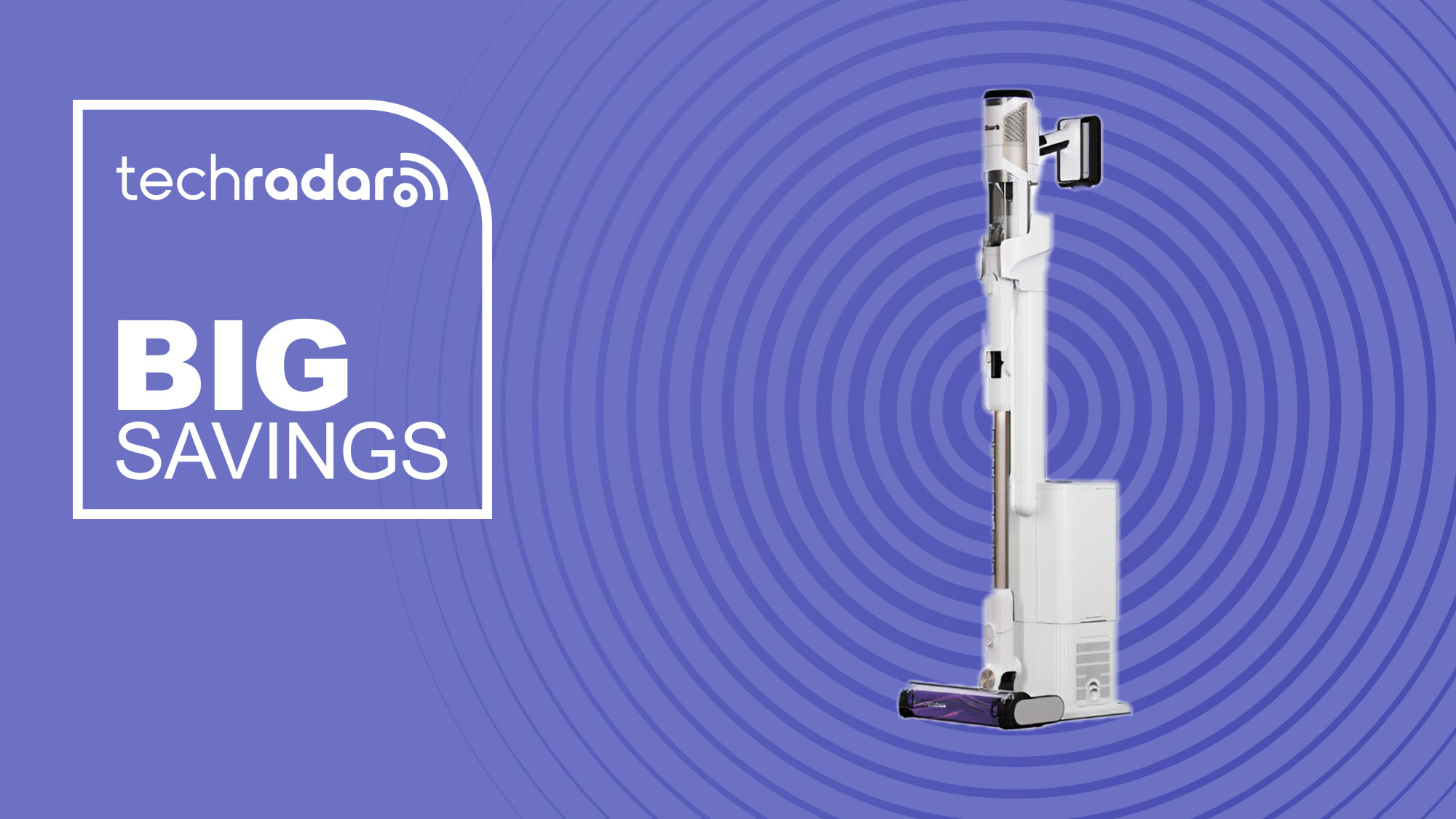 Shark Detect Clean &amp; Empty Cordless Vacuum on purple background with TechRadar big savings sign