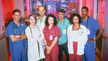 Promotional portrait of cast members from the television series, "E.R.," c. 1996. L-R: Noah Wyle, Sherry Stringfield, Anthony Edwards, Julianna Margulies, George Clooney, Gloria Reuben and Eriq La Salle.