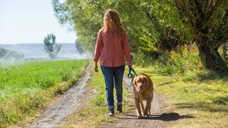 Woman walking dog in country side
