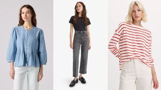 Three models wearing levi's jeans and tops stood against white backgrounds