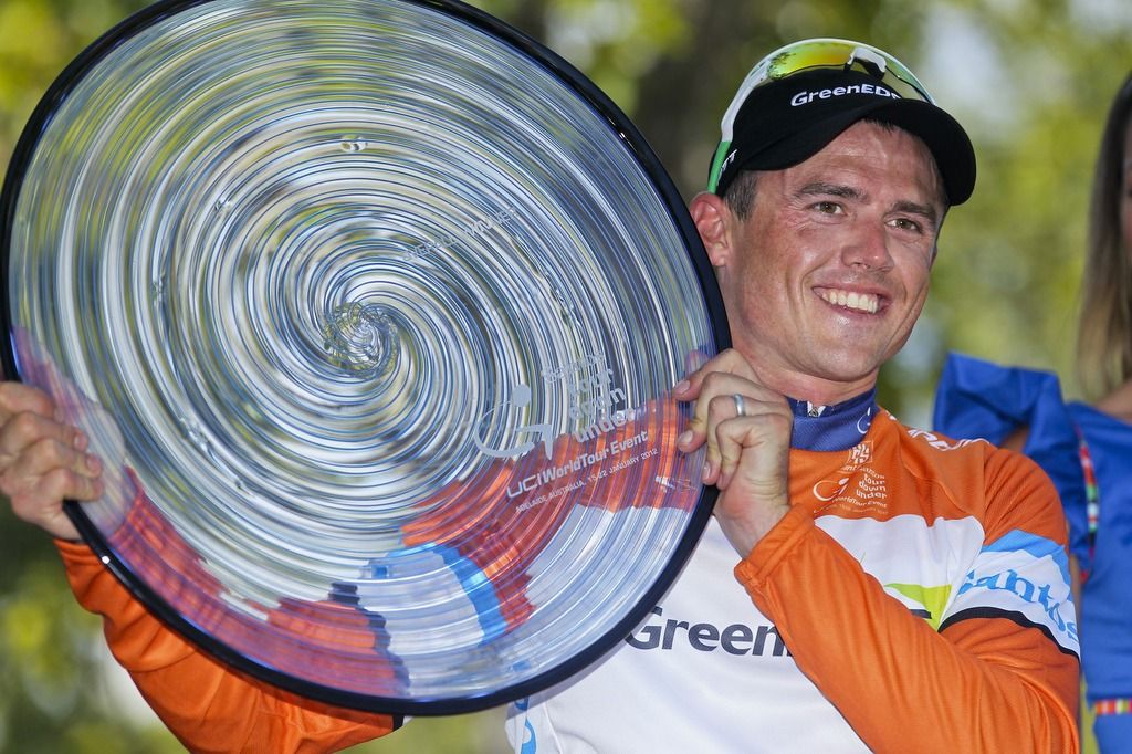 Simon Gerrans with the first of his three winner's trophy with GreenEdge