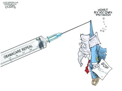 Political cartoon U.S. GOP health-care plan Obamacare repeal failure