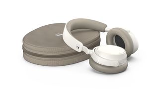 Sennheiser Accentum Plus headphone and carry case in white and stone on a white background