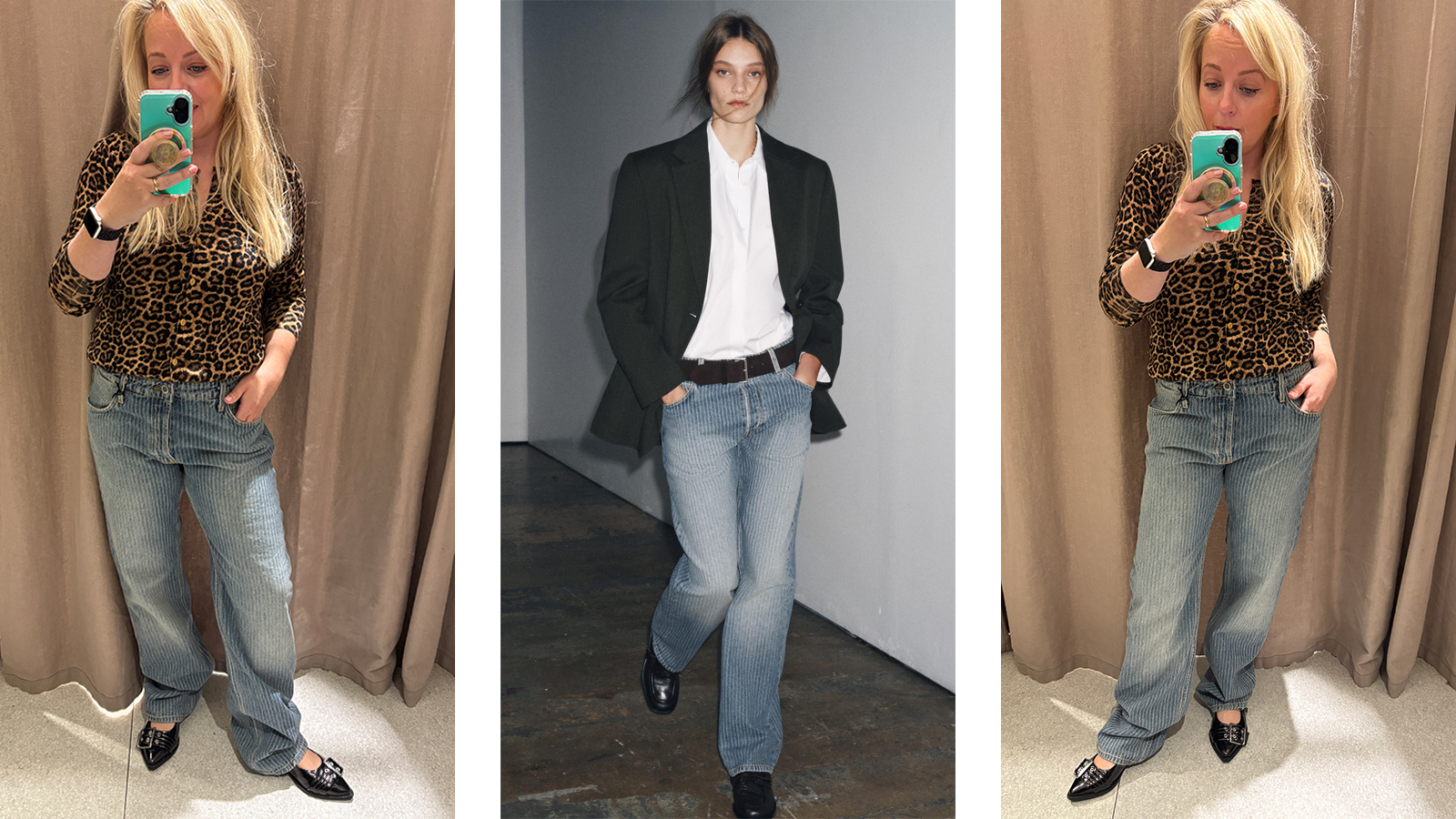 Antonia Kraskowski tries on a pair of striped Zara jeans; the same jeans on a Zara model