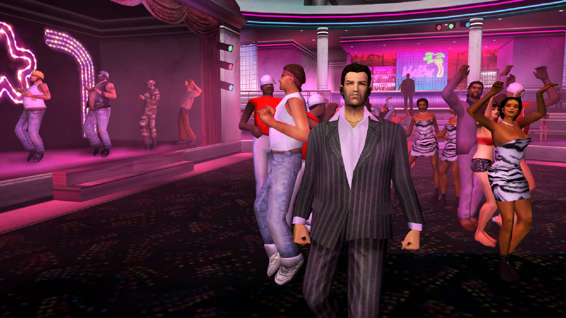 Walking through a nightclub as people dance in GTA Vice City