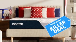 The image shows the Nectar Classic mattress in a neutral bedroom with red, white and blue cushions placed on top in celebration of Presidents' Dat