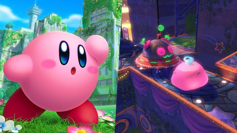 Kirby lead art and Kirby with water in Mouthful Mode in Kirby and the Forgotten World