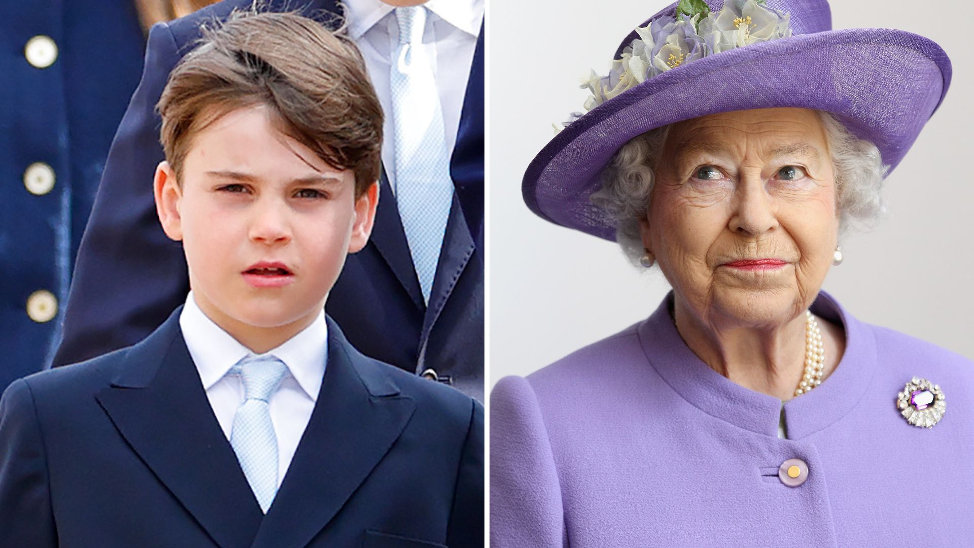 A composite of a picture of Prince Louis in 2026 and a picture of Queen Elizabeth in 2012