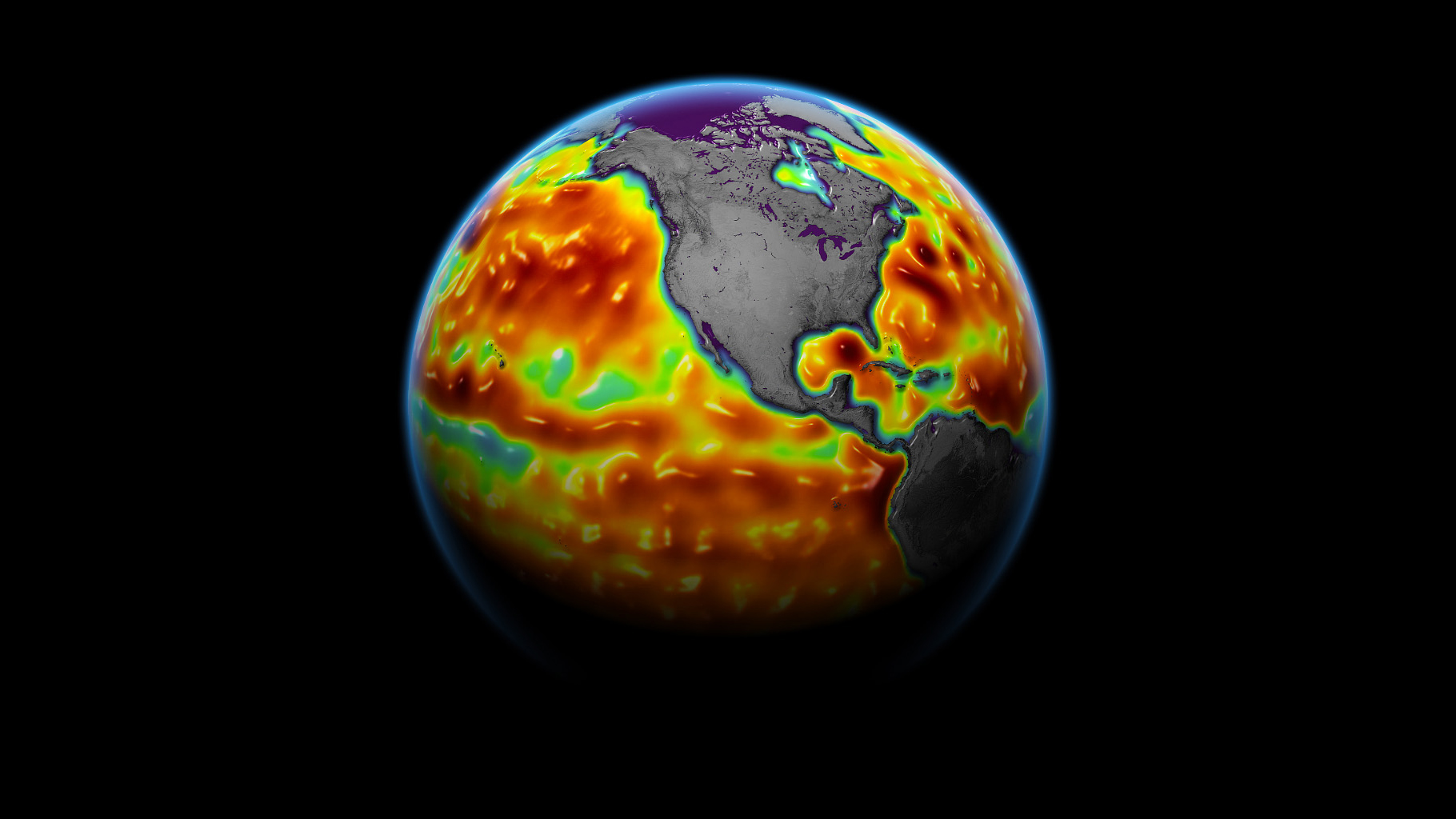 This globe shows sea-surface height anomalies measured by satellite instruments between June 5-15, 2021. Red-orange indicates regions where sea level was higher than normal, and blue shows regions where it was lower than normal.